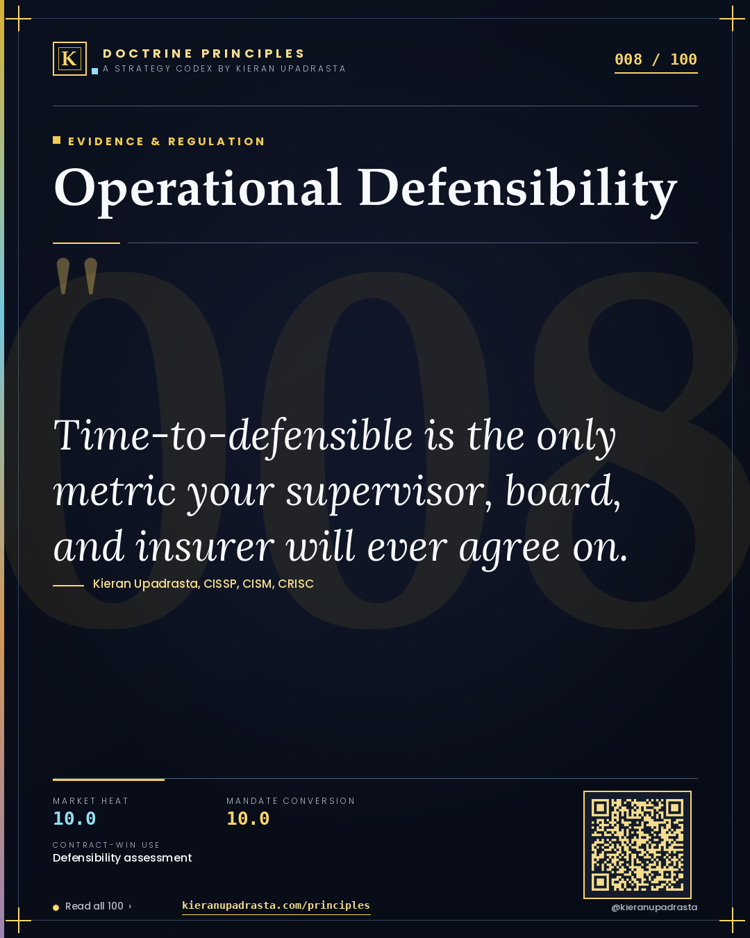 Principle 008: Operational Defensibility — Evidence & Regulation doctrine card by Professor Kieran Upadrasta, CISSP CISM CRISC, Schiphol University