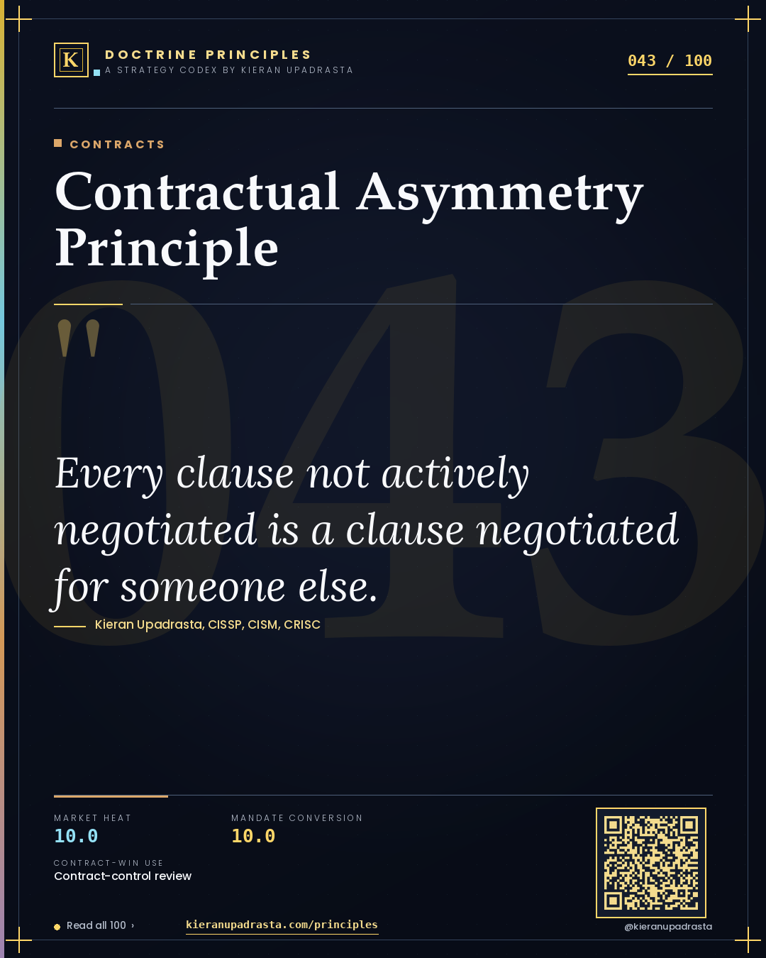 Principle 043: Contractual Asymmetry Principle — Contracts doctrine card by Professor Kieran Upadrasta, CISSP CISM CRISC, Schiphol University