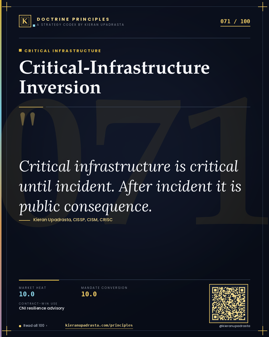 Principle 071: Critical-Infrastructure Inversion — Critical Infrastructure doctrine card by Professor Kieran Upadrasta, CISSP CISM CRISC, Schiphol University