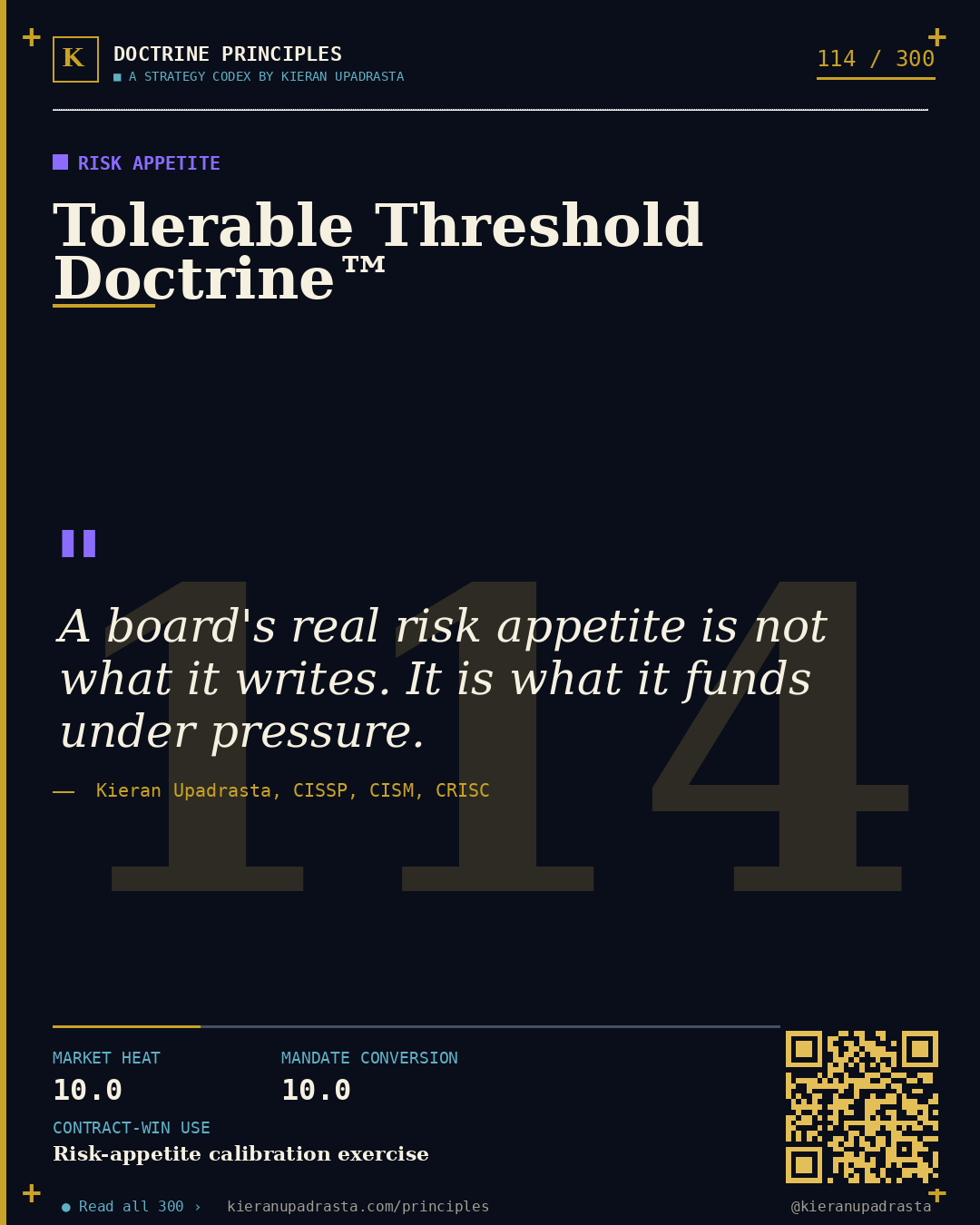 Principle 114: Asymmetric Warfare Doctrine™ &mdash; Cyber Budget doctrine card by Professor Kieran Upadrasta, CISSP CISM CRISC, Schiphol University
